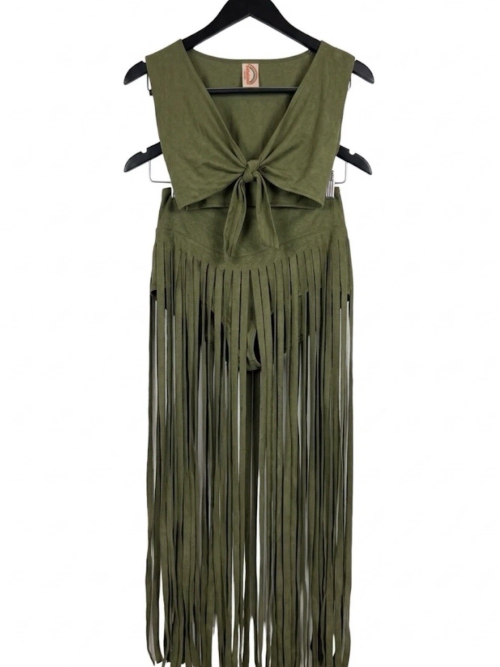 80s J. Valentine 2pc Set Olive Green Faux Suede Fringe Shorts Top Small VTG